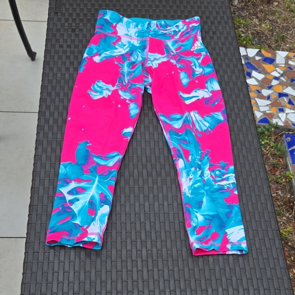 Adidas Pink and Blue Palm Print Athletic Leggings XS NWOT